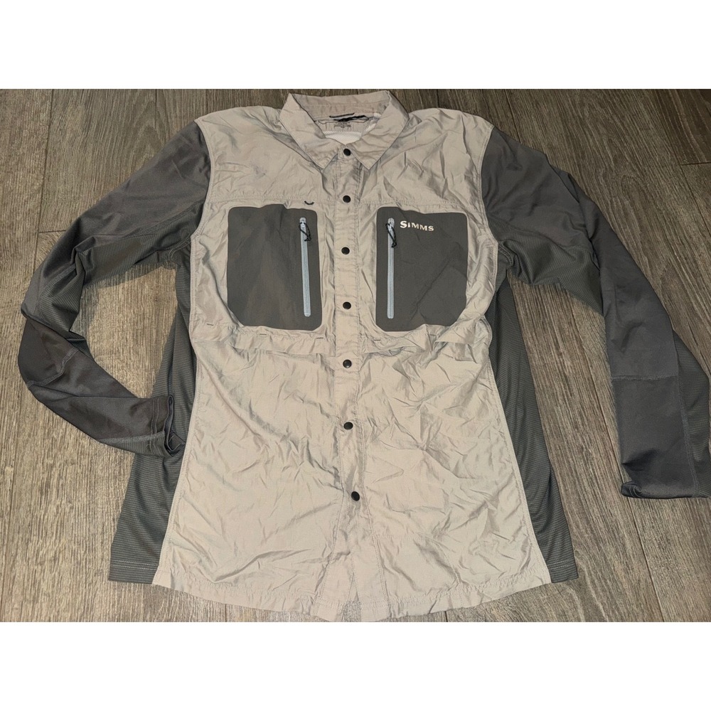 Simms G4 Pro Fishing Shirt Mens Medium Grey Long Sleeve Snap Front Technical Top